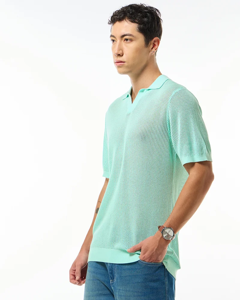 bewakoof Men's Green Flatknit Polo T-shirt